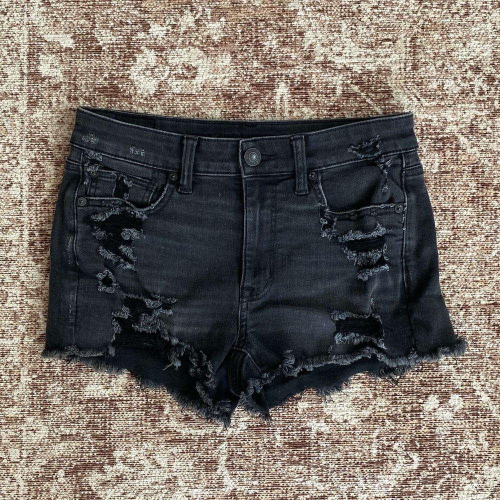 American Eagle Black Jean Denim Distressed Hi-rise Shortie Shorts Size 6